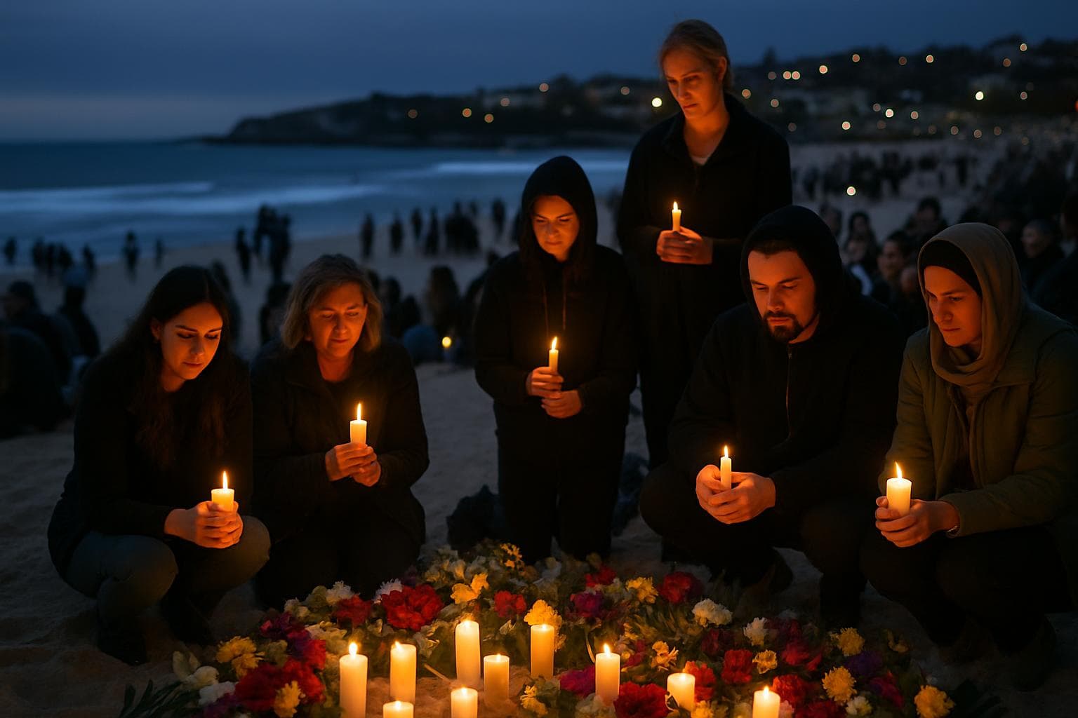 People holding candles and flowers at Bondi Beach vigil
