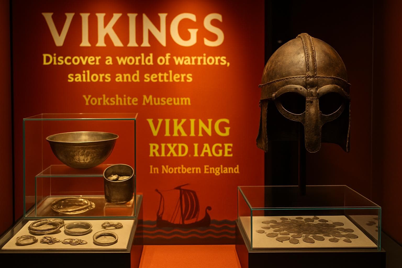 Viking artefacts including silver treasures and helmet