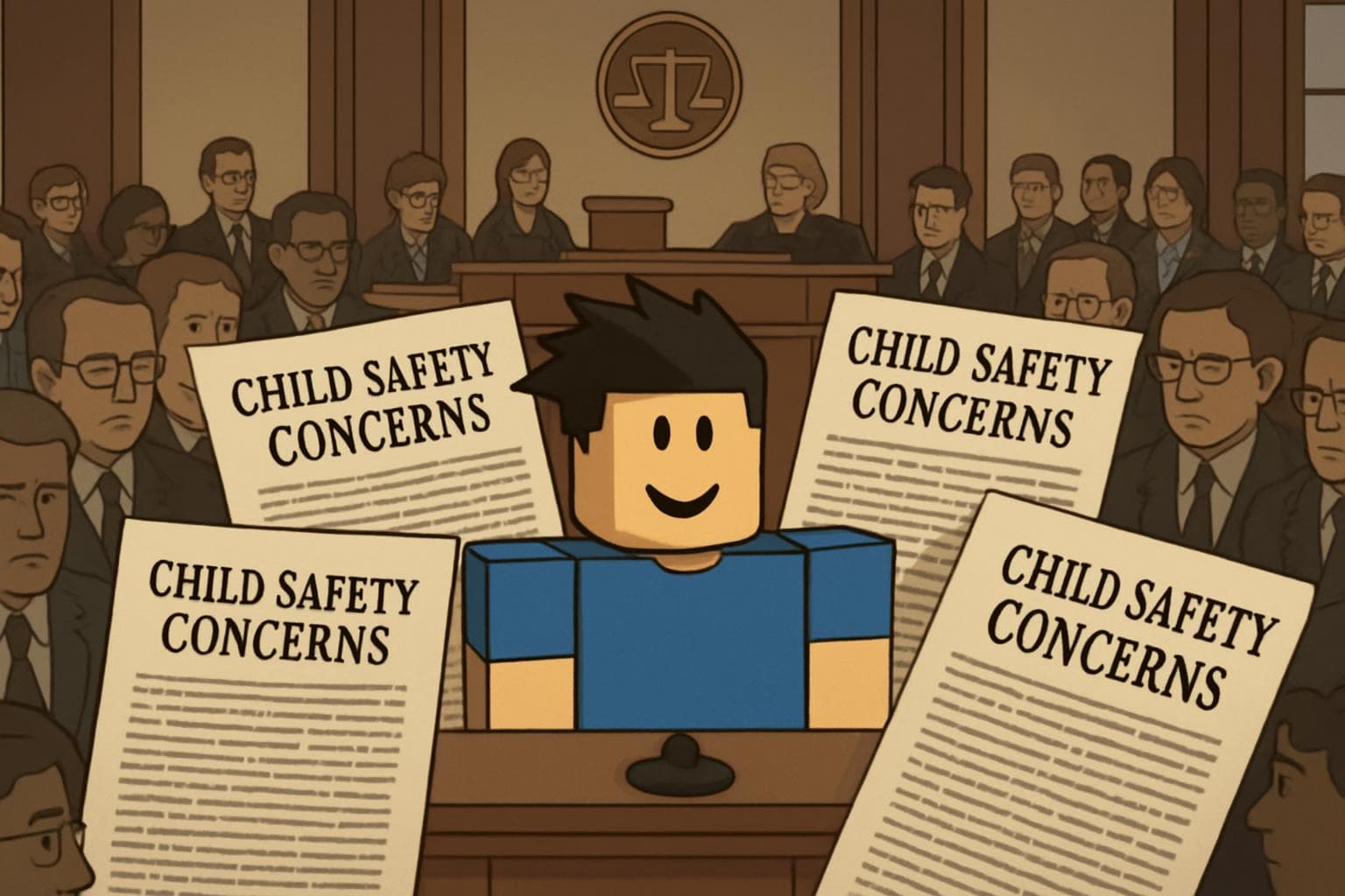 Digital Roblox avatar in a virtual courtroom with legal documents