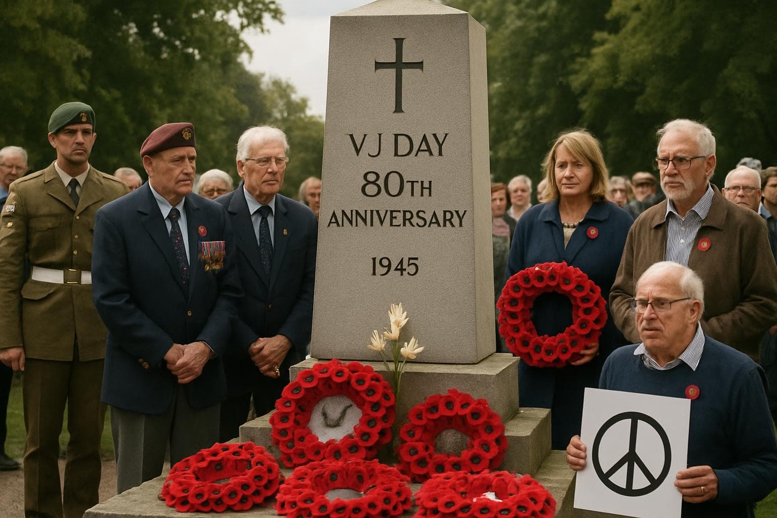 Veterans and residents gather at a war memorial