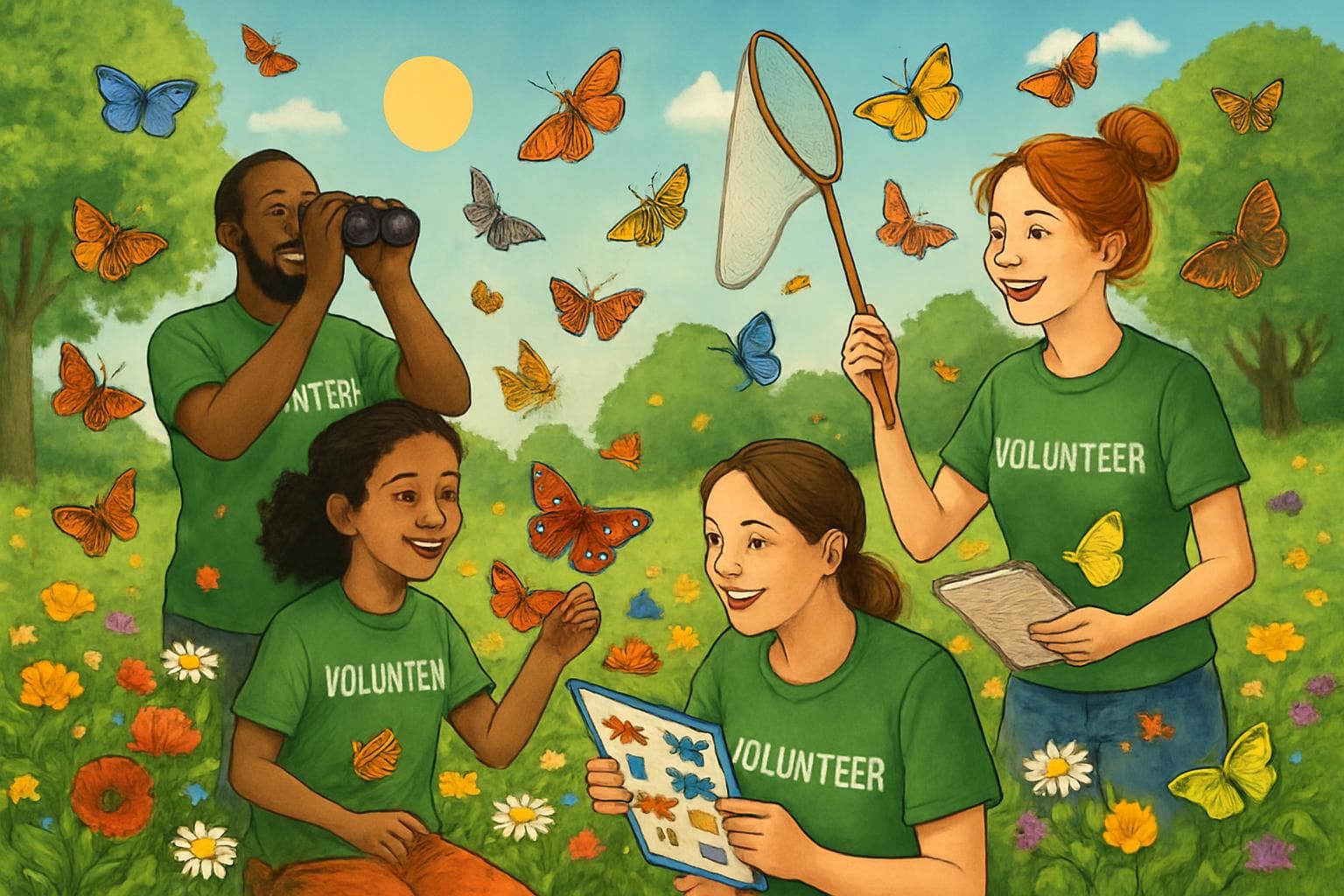 Volunteers counting butterflies in a green park with flowers.