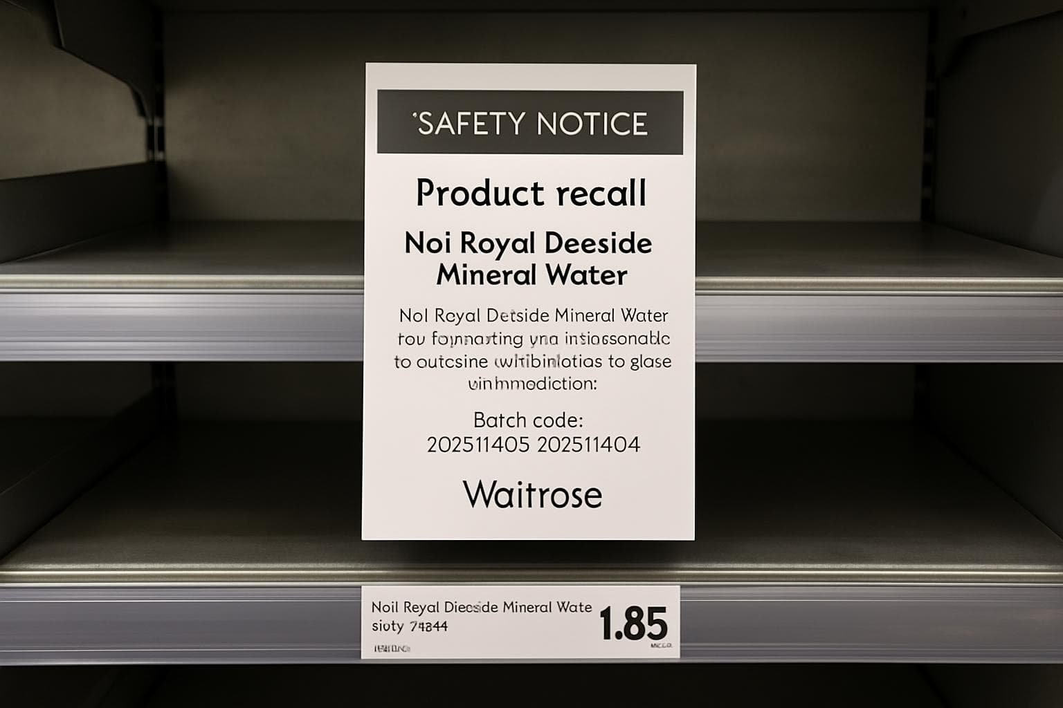 Waitrose shelf with empty spaces for Royal Deeside Water