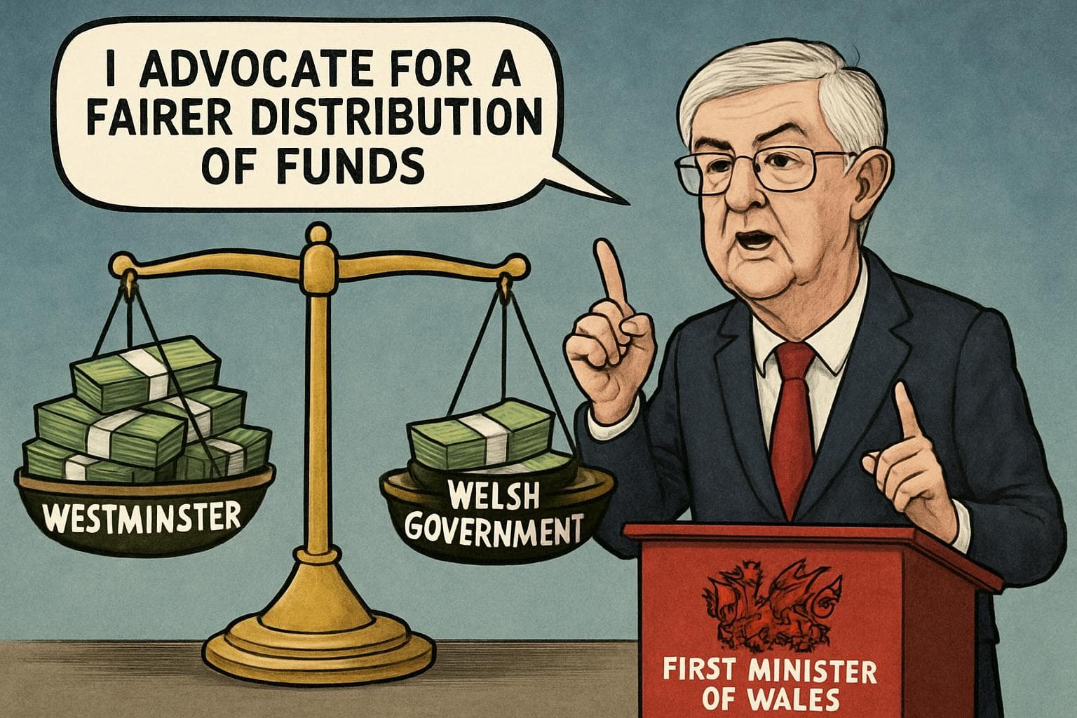 First Minister of Wales with balanced scale for funding