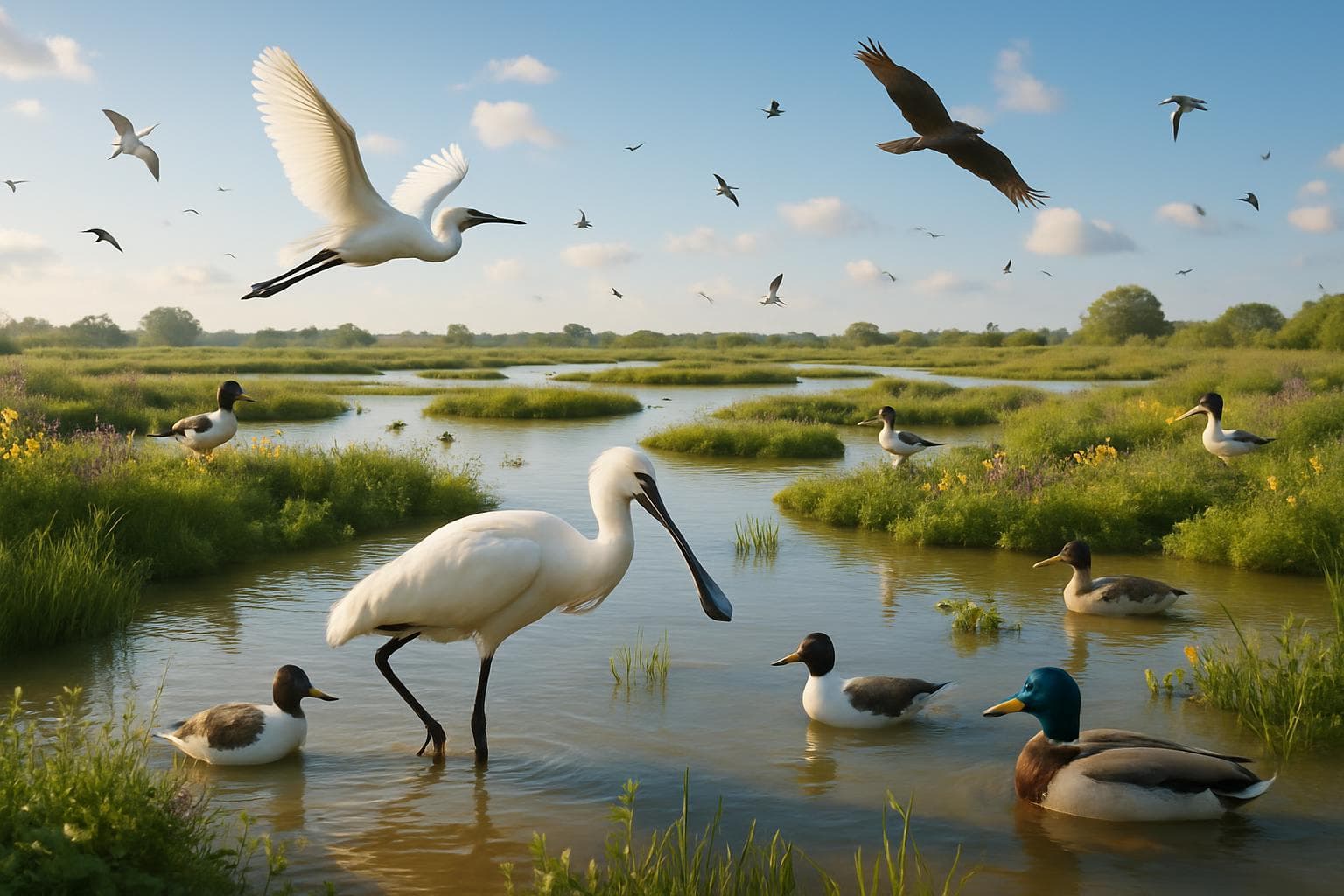Lush bird sanctuary on Wallasea Island with diverse bird species