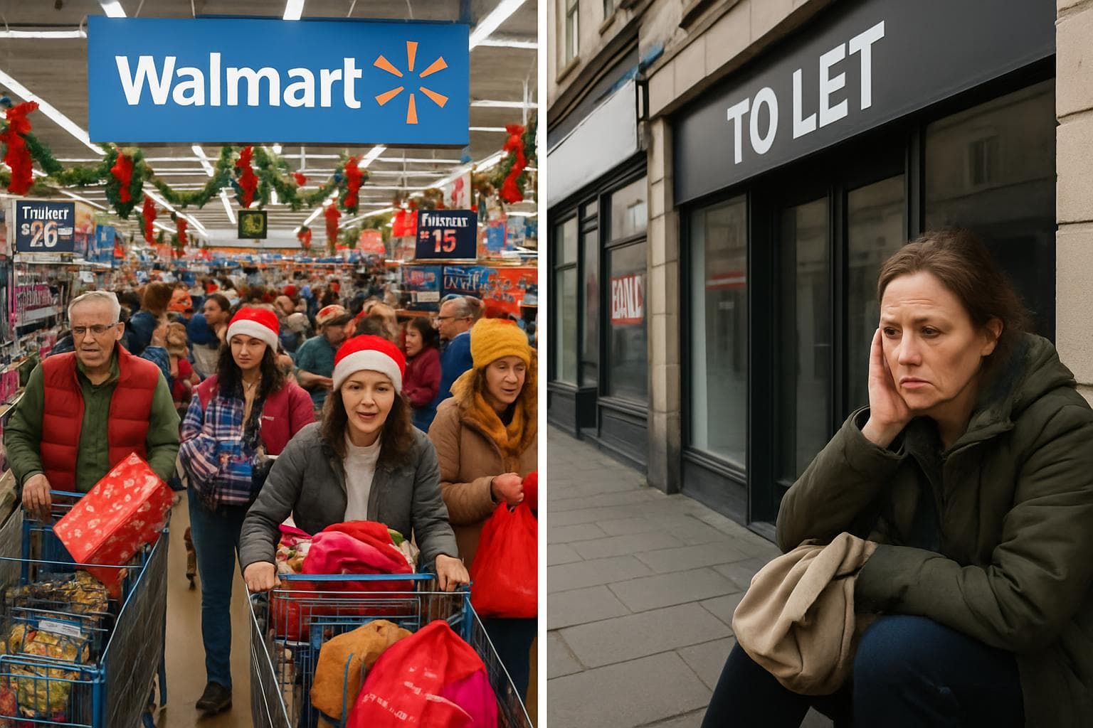 Walmart store with busy holiday shoppers and empty UK storefronts