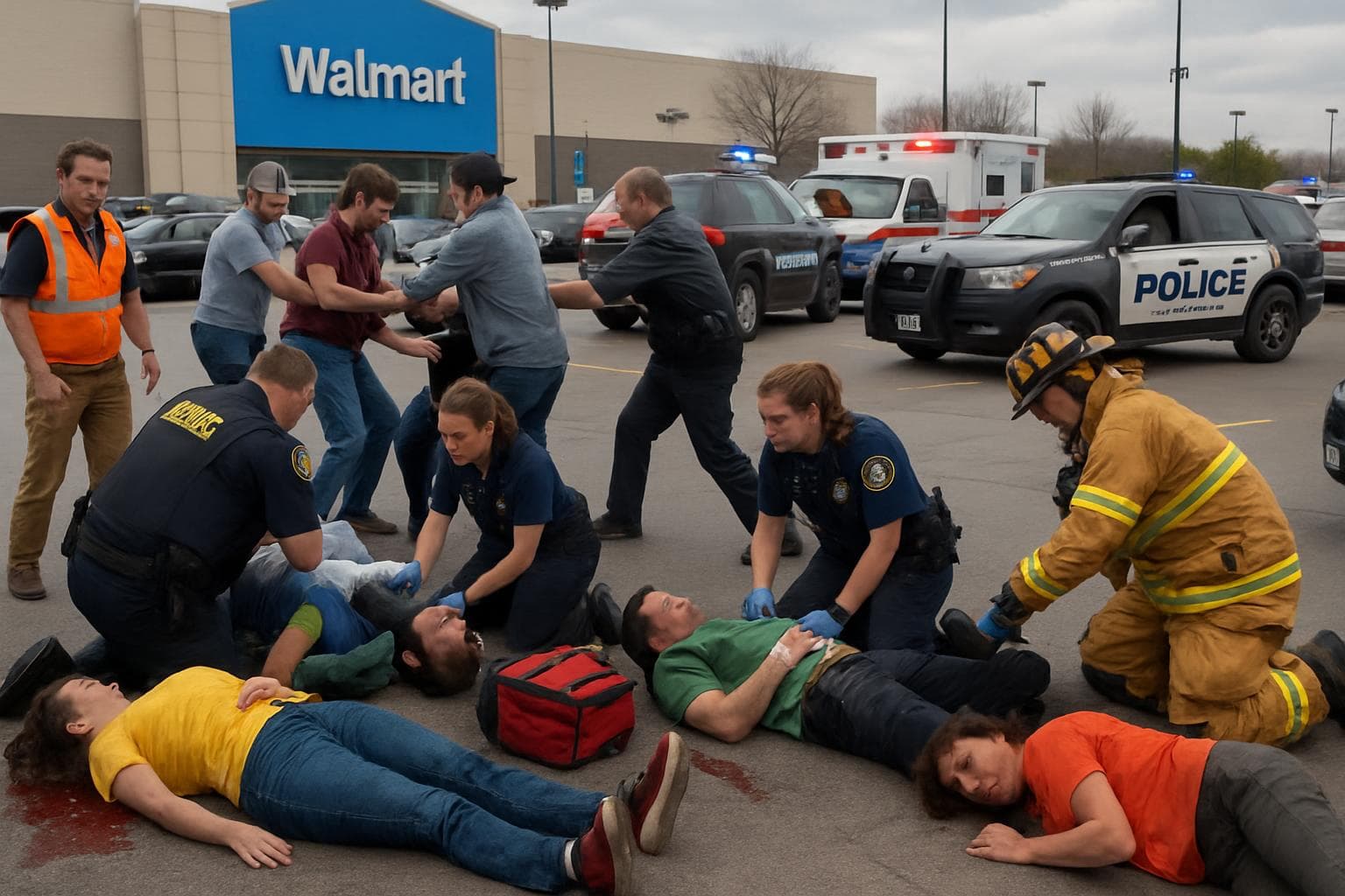 Emergency responders and bystanders in Walmart parking lot