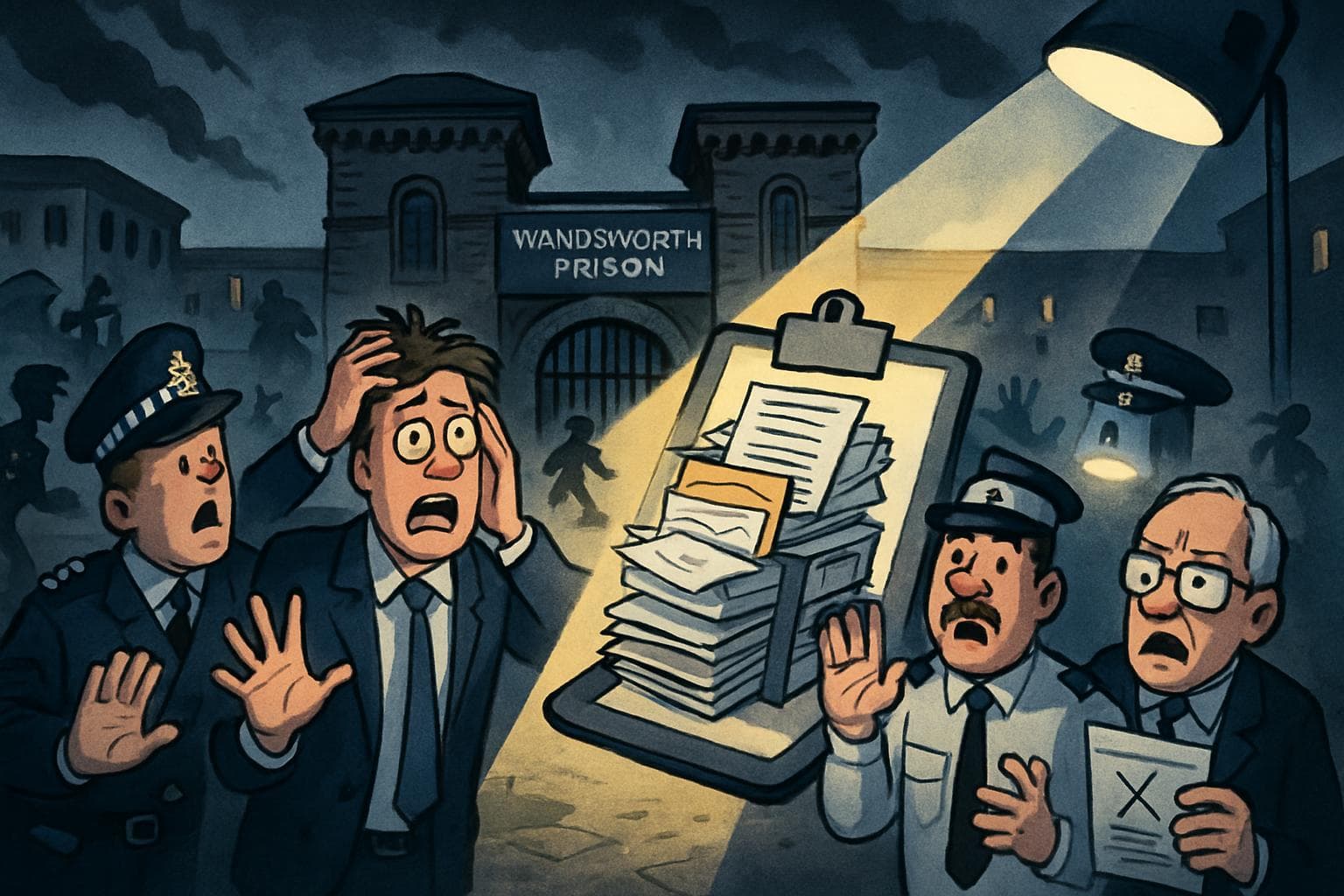 Officials outside Wandsworth Prison with paper documents