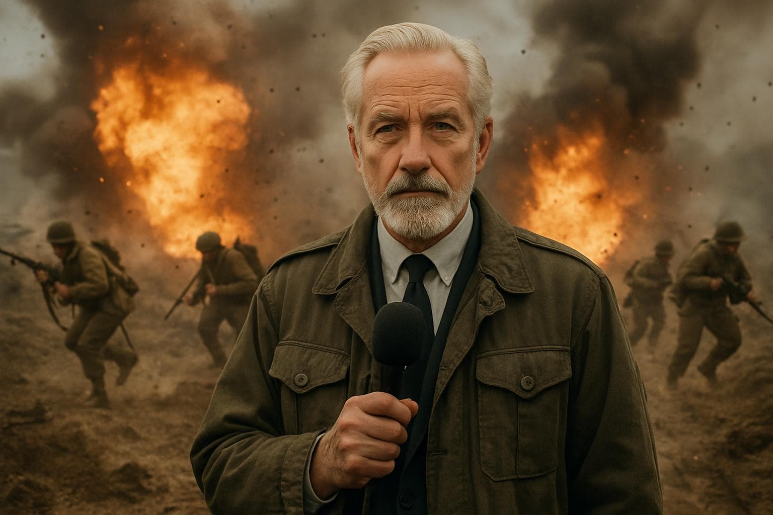 War correspondent with microphone amidst battlefield chaos