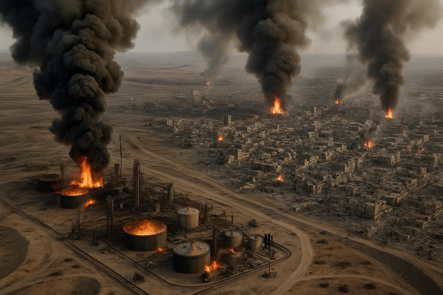 Aerial view of war-torn Middle Eastern landscape with smoke