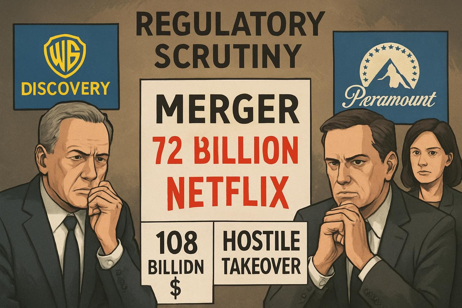 Warner Bros Discovery and Netflix logos in a corporate standoff
