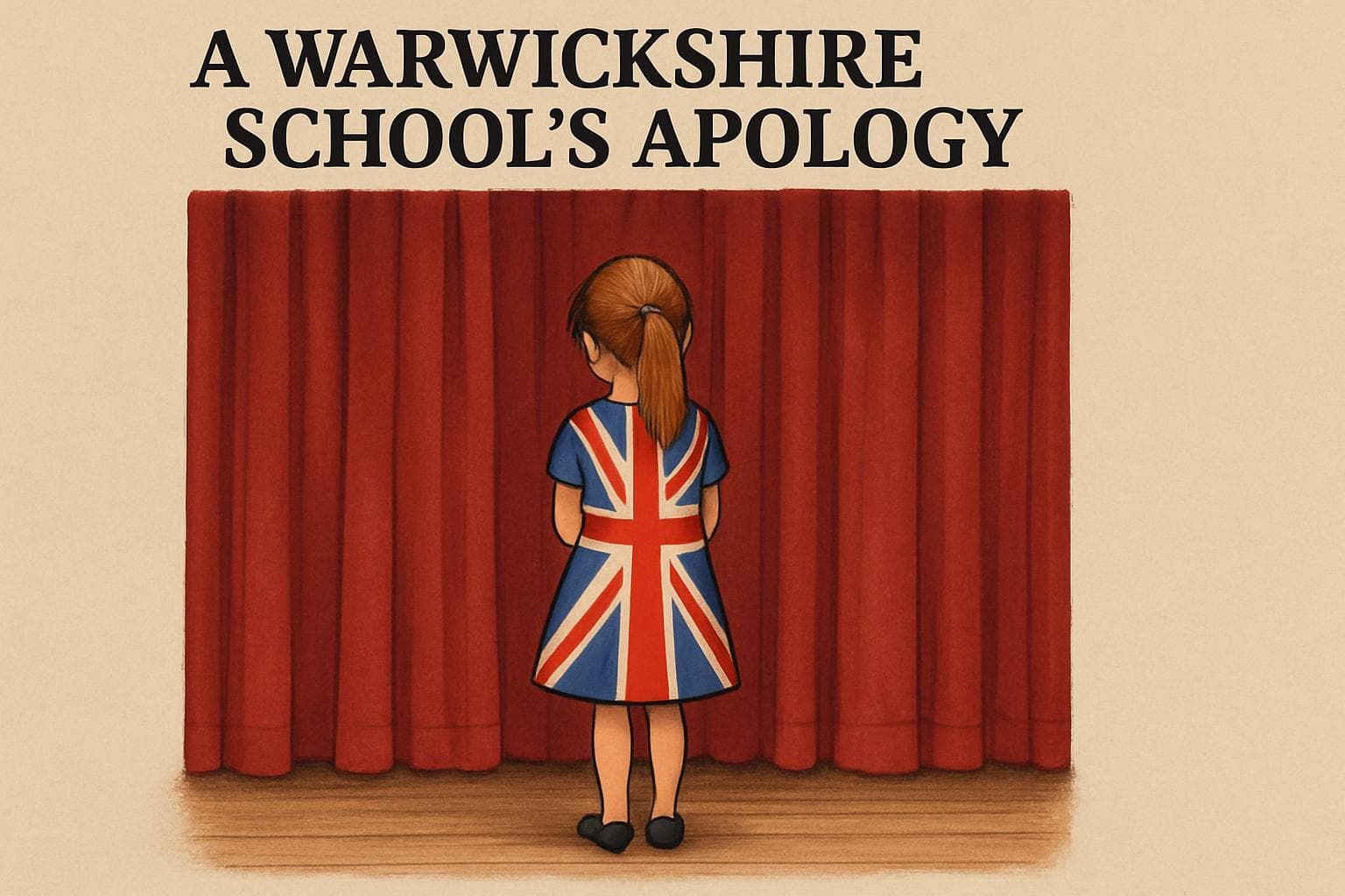 Young girl in a union jack dress in front of a closed curtain