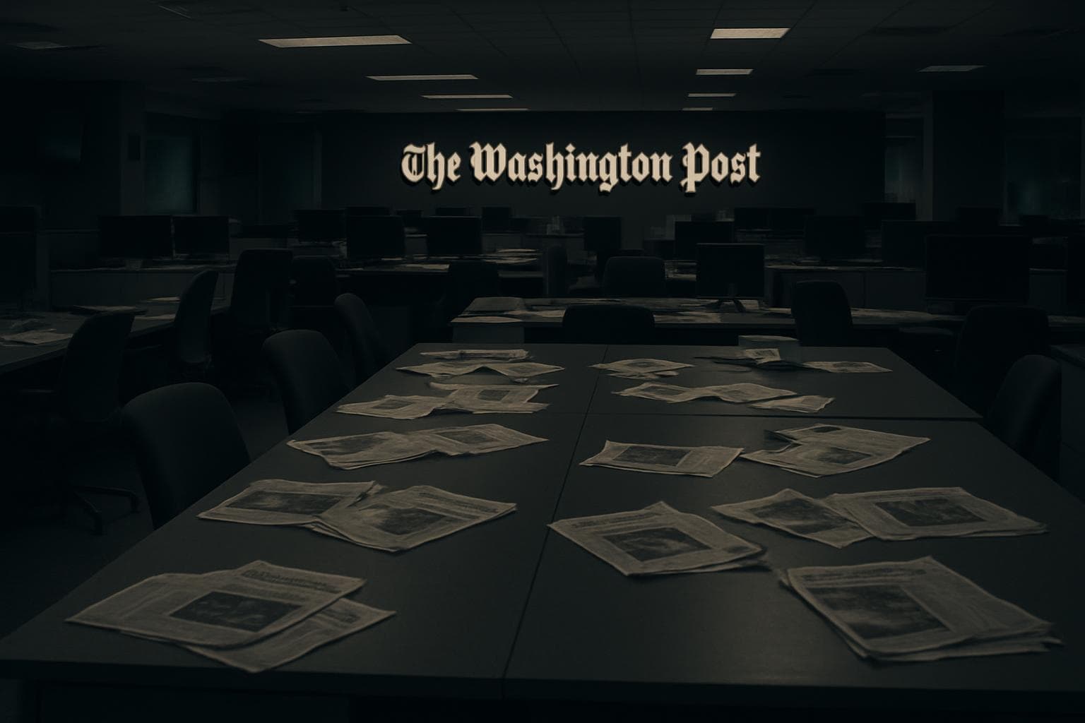 Empty newsroom desks with scattered newspapers