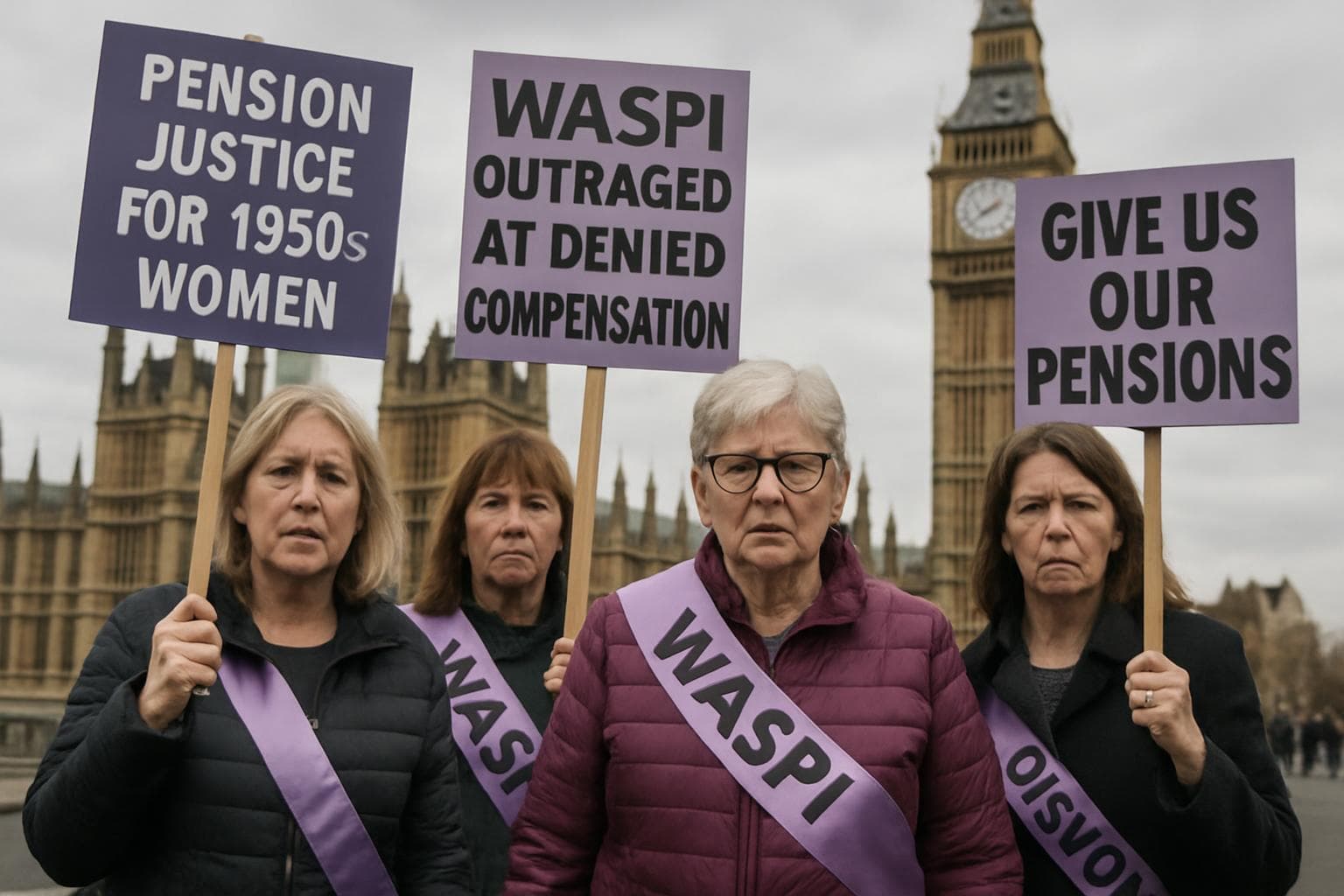 Women from the Waspi campaign protesting with placards at UK parliament
