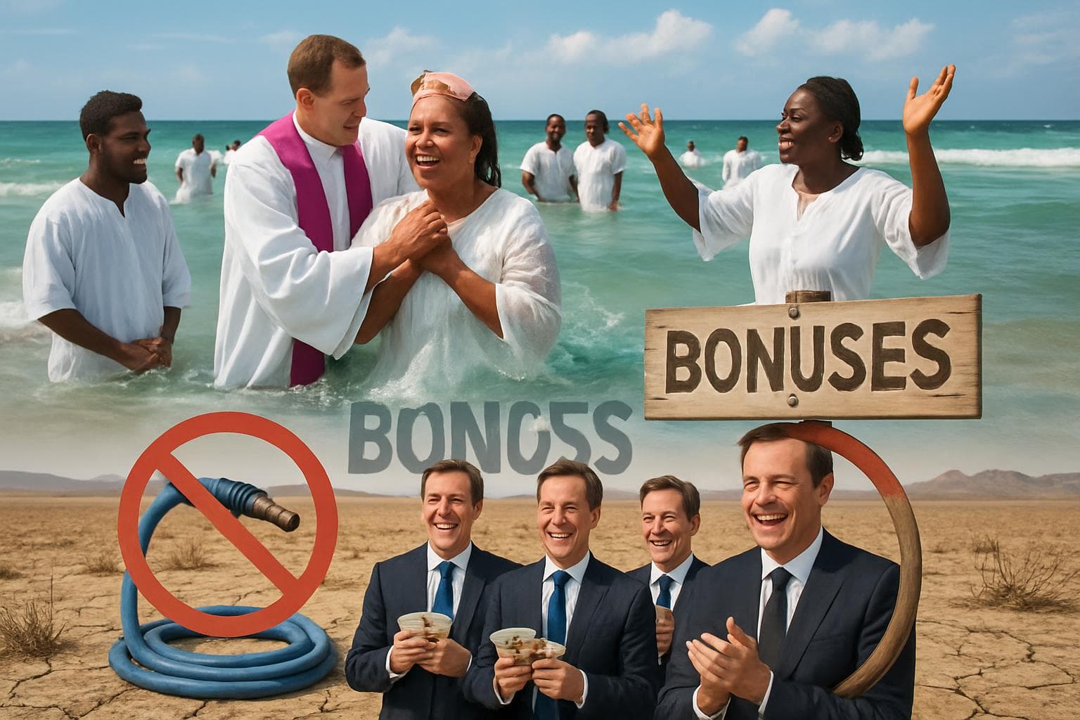 Dry landscape with banned hosepipes and executives in suits