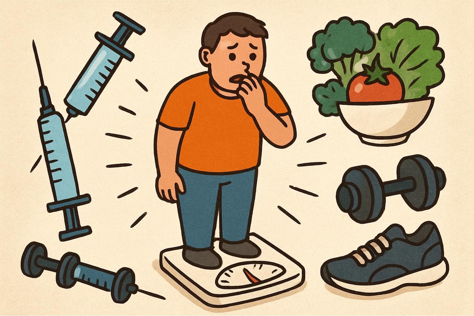 Person on scale with syringes, food, and exercise equipment