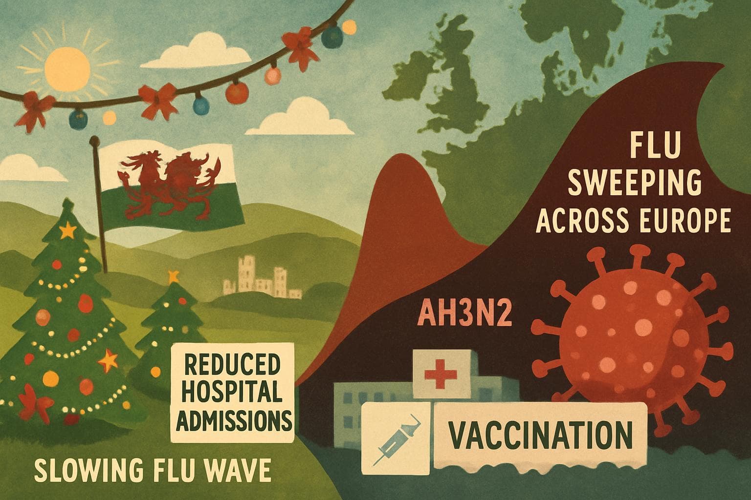 Welsh landscape with festive decorations and flu wave symbolism