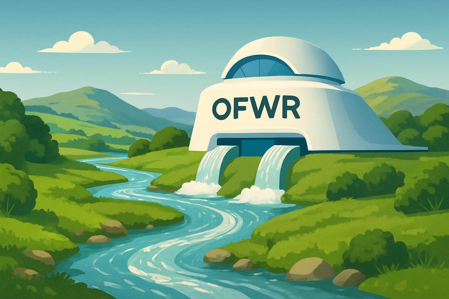 Futuristic building in Welsh landscape with flowing streams