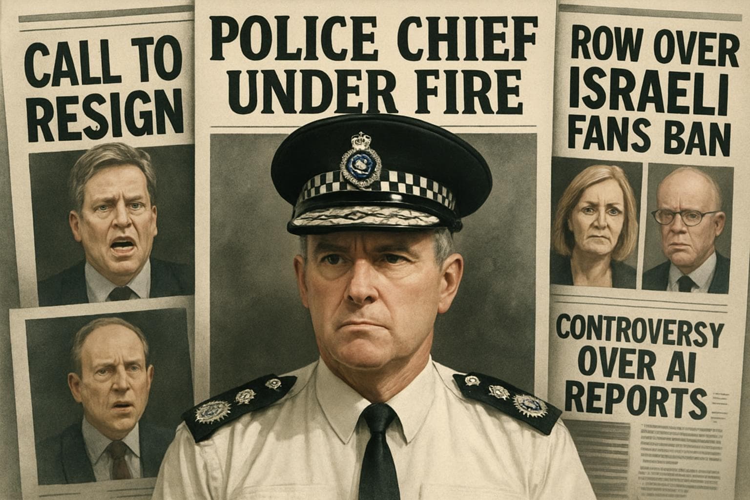 West Midlands Police Chief with headlines and officials' faces
