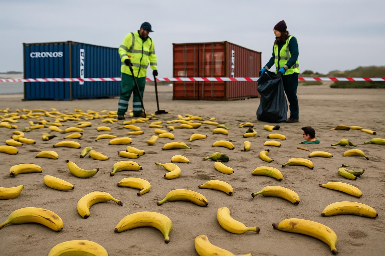 Bananas scattered on West Sussex beach with cleanup crew