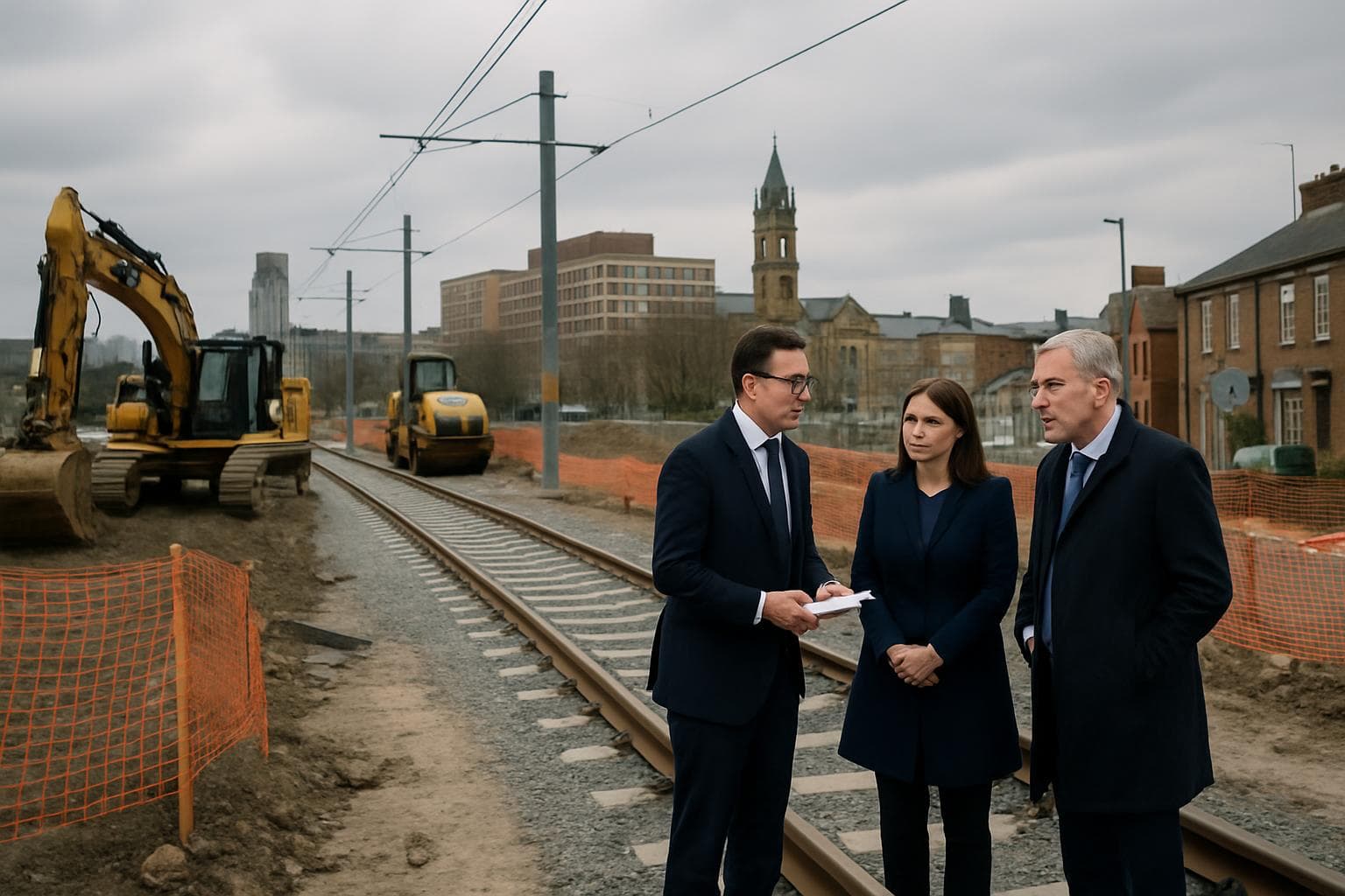 Paused construction site of West Yorkshire tram project with officials