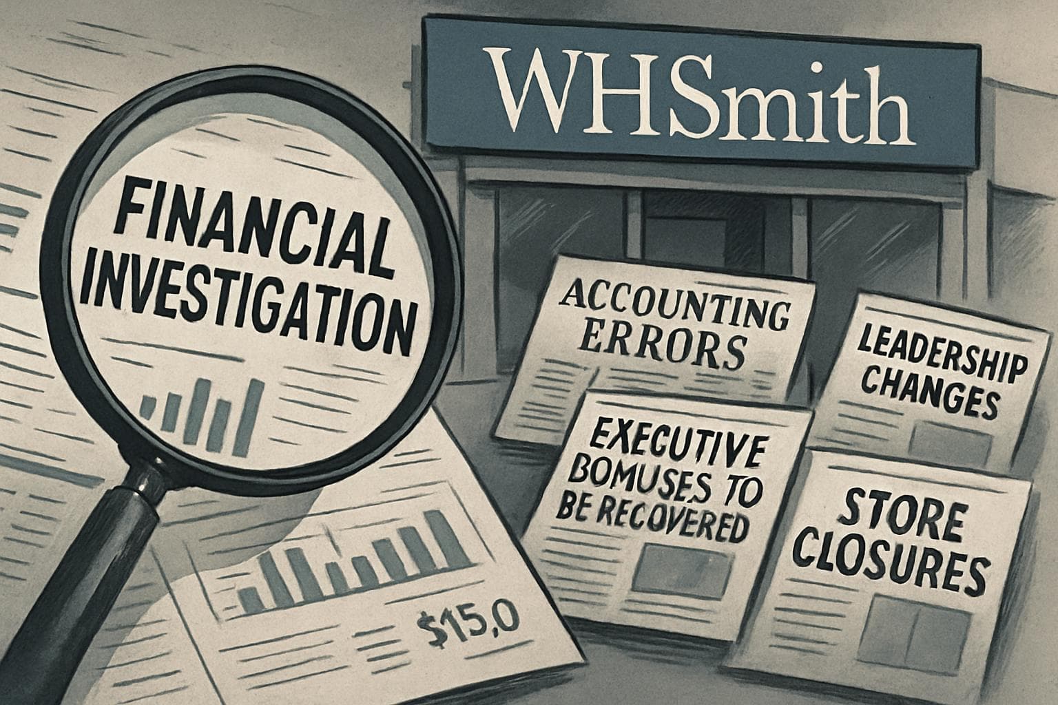 WH Smith store with financial documents and calculator