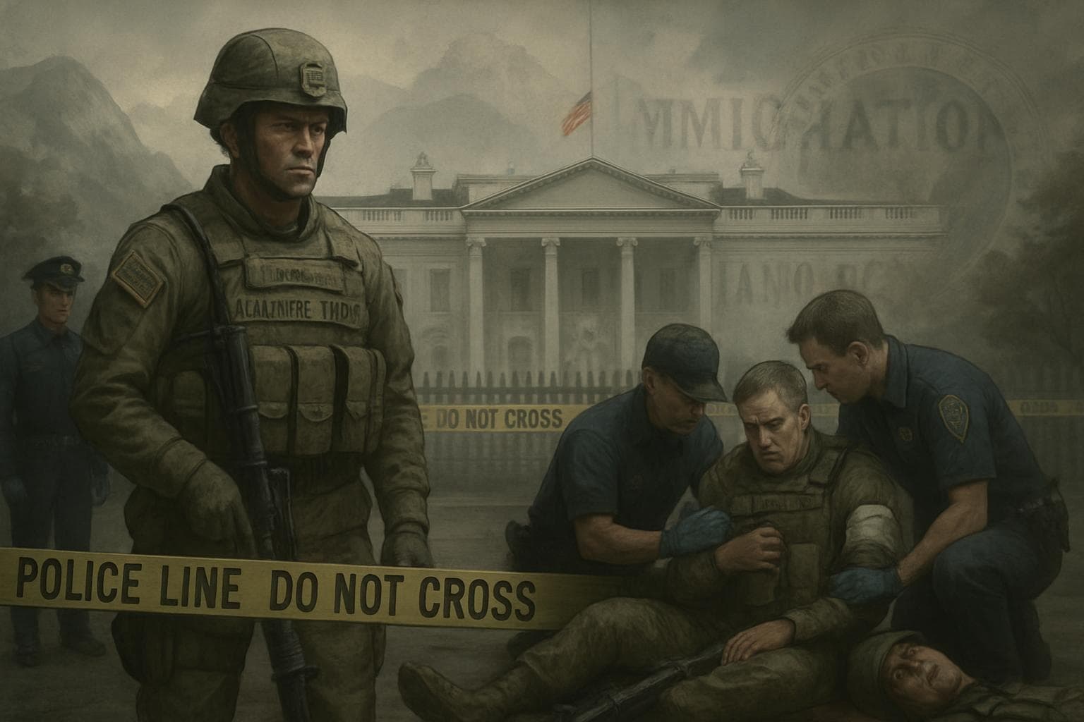 National Guard patrol outside the White House with fallen soldier