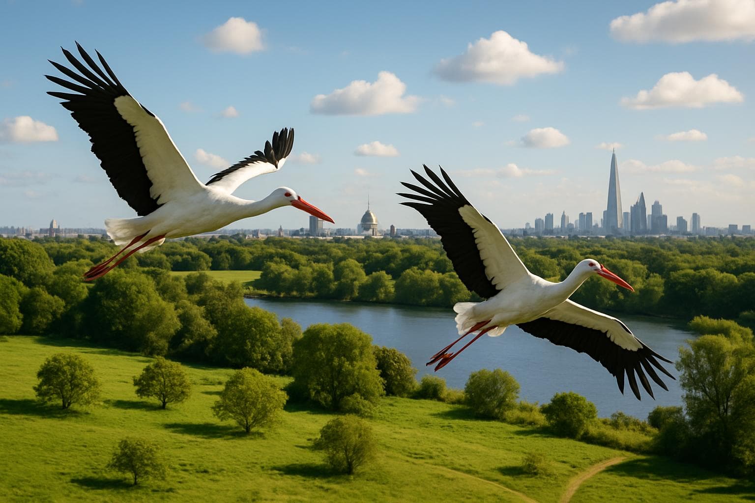 Two white storks flying over Eastbrookend Country Park in London