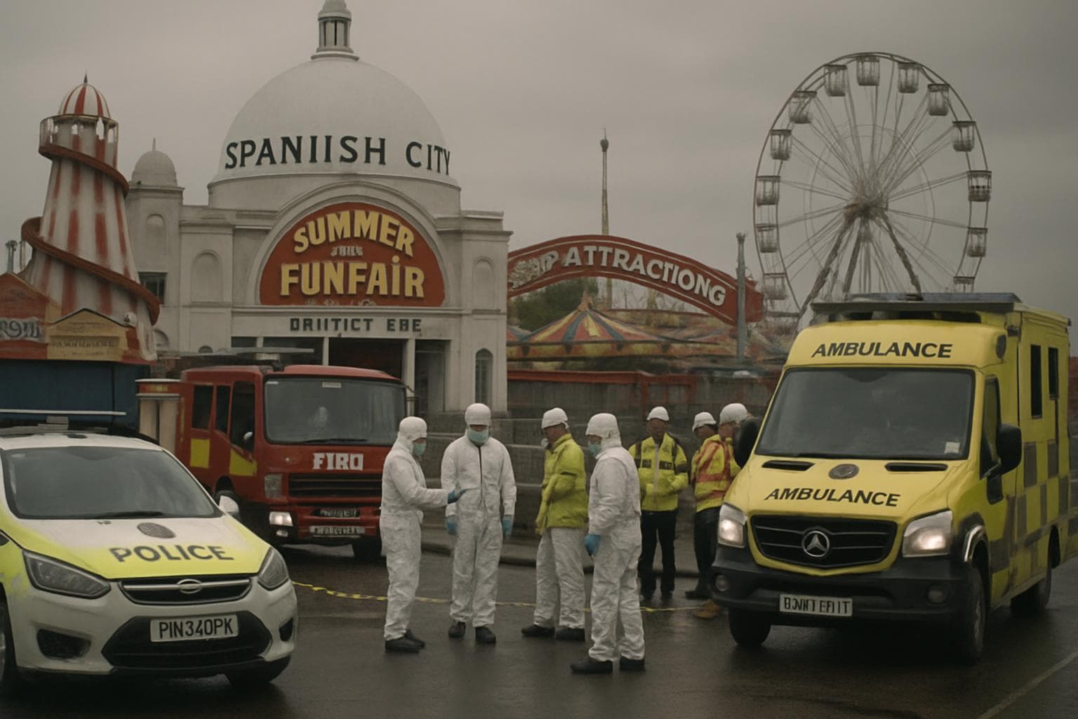 Emergency vehicles and personnel at closed funfair in Whitley Bay