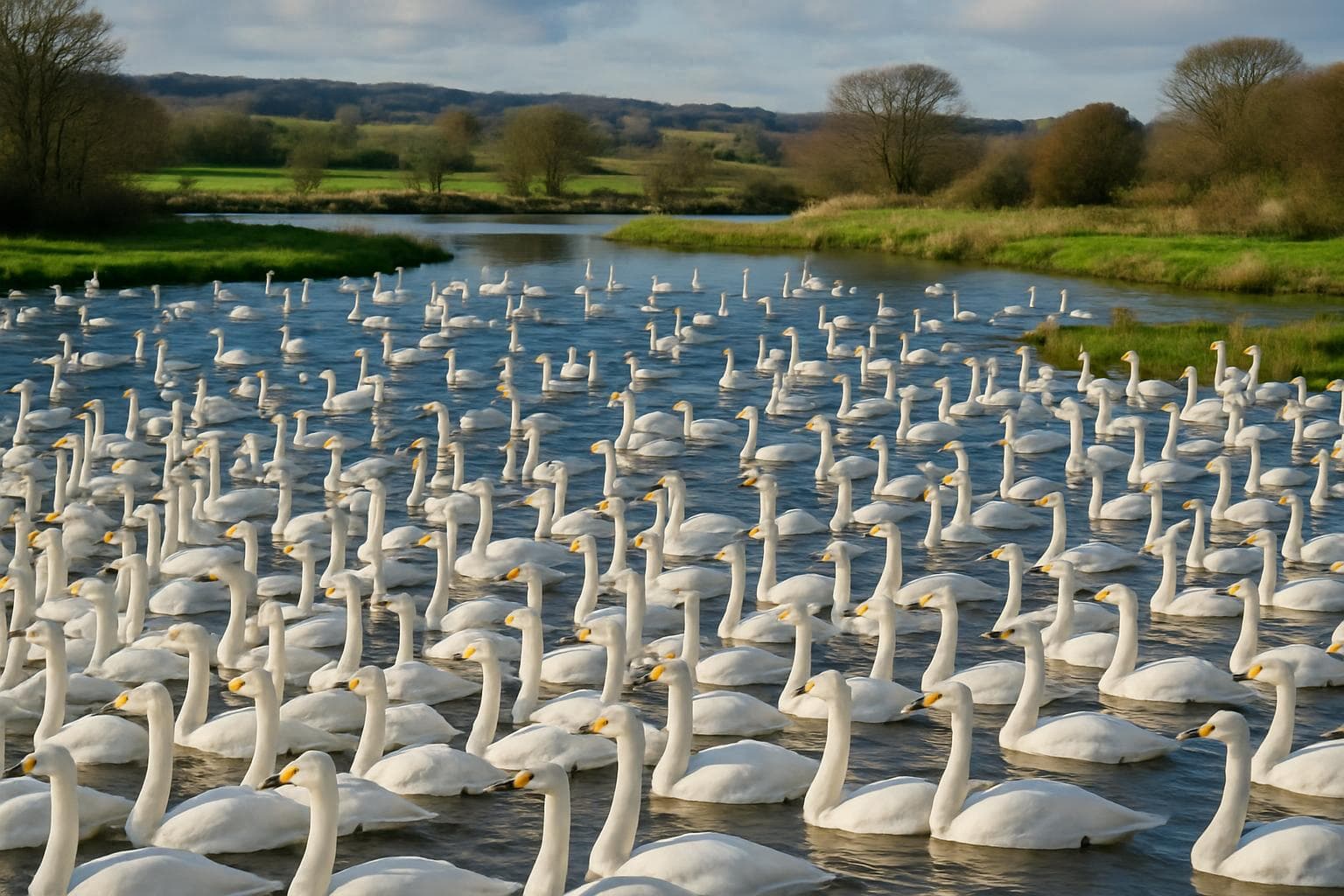 Flock of whooper swans at Martin Mere wetland