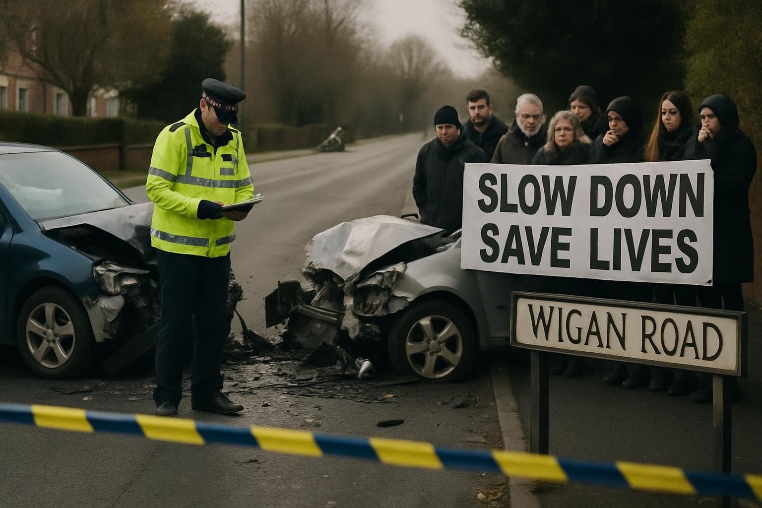 Two damaged cars on Wigan Road with police investigating
