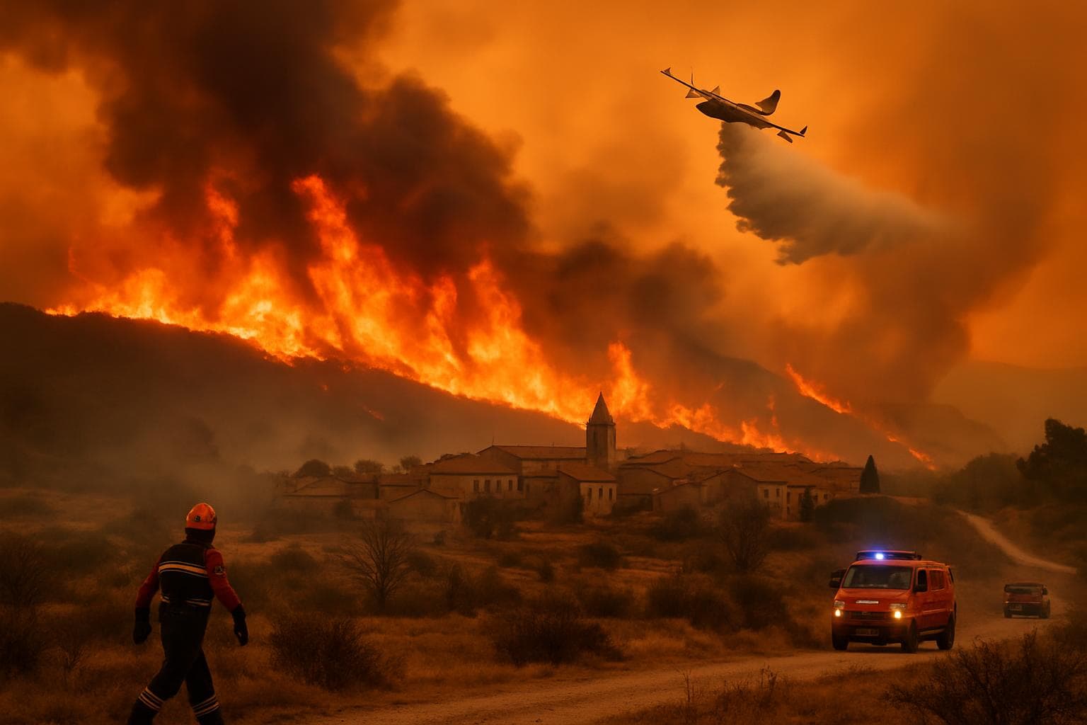 Wildfire in Aude, France with firefighters and aircraft