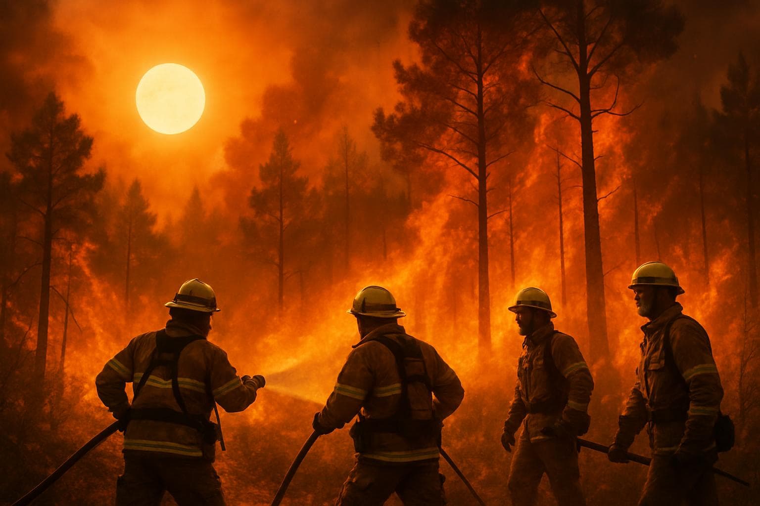 Firefighters battling a forest wildfire in Spain under a blazing sun