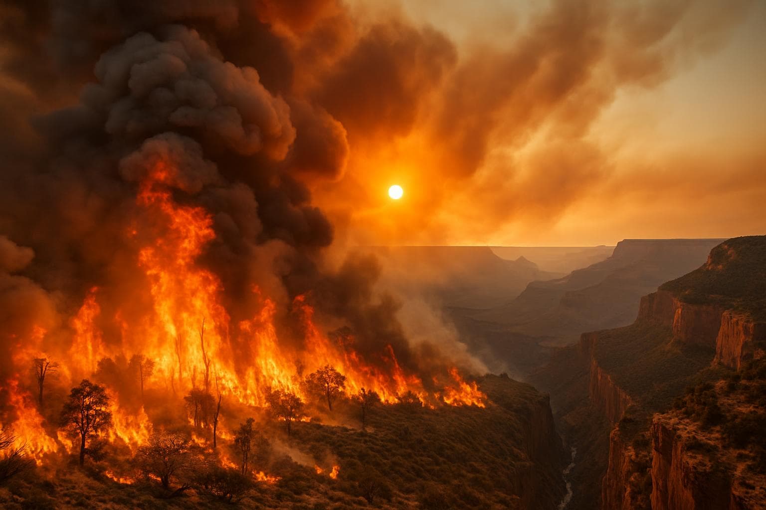 Wildfire near Grand Canyon with smoke and flames