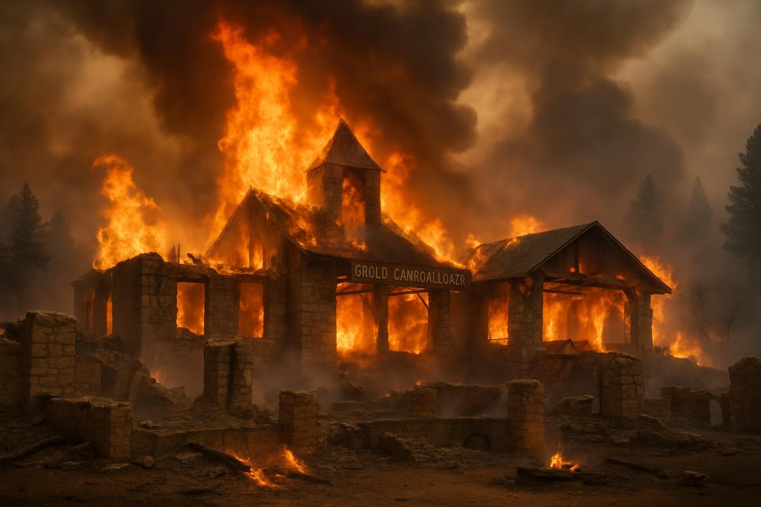 Wildfire engulfing Grand Canyon Lodge with smoke-filled sky