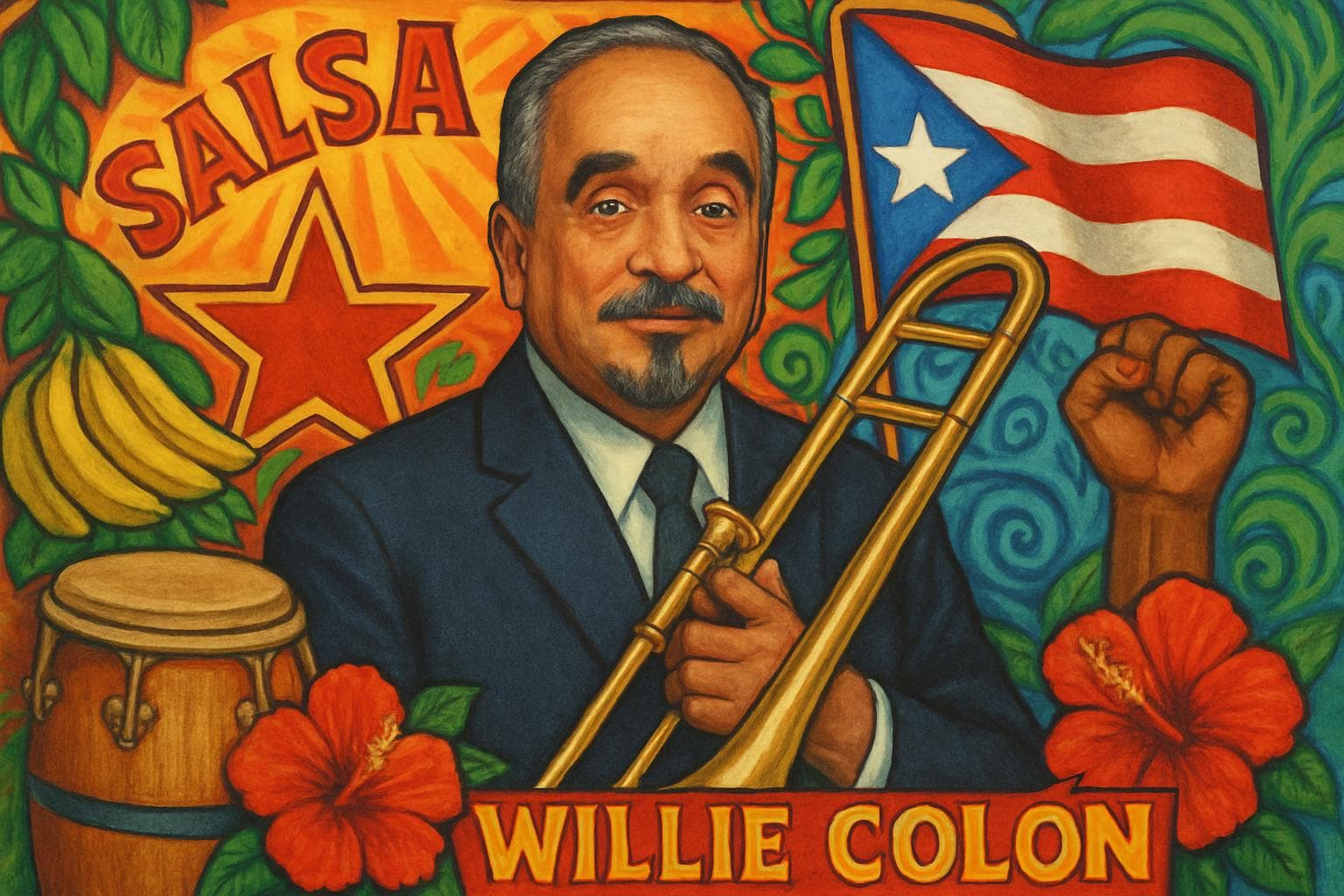 Willie Colón holding a trombone with cultural symbols around him