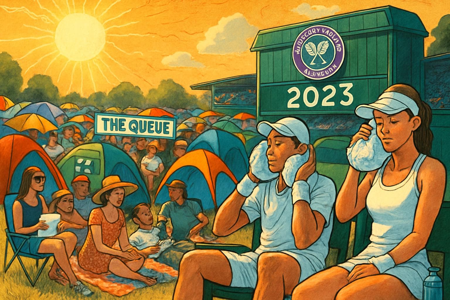 Fans camping in a queue at Wimbledon 2023 under the sun