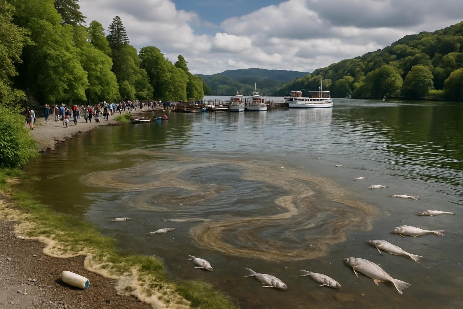 Windermere Lake with tourists and surrounding greenery
