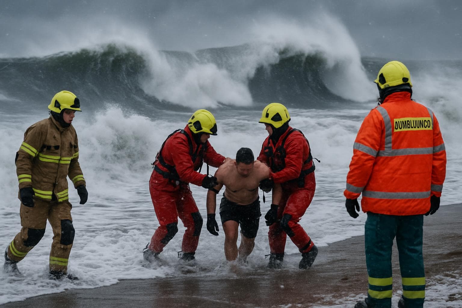 Emergency teams in winter seascape with large waves
