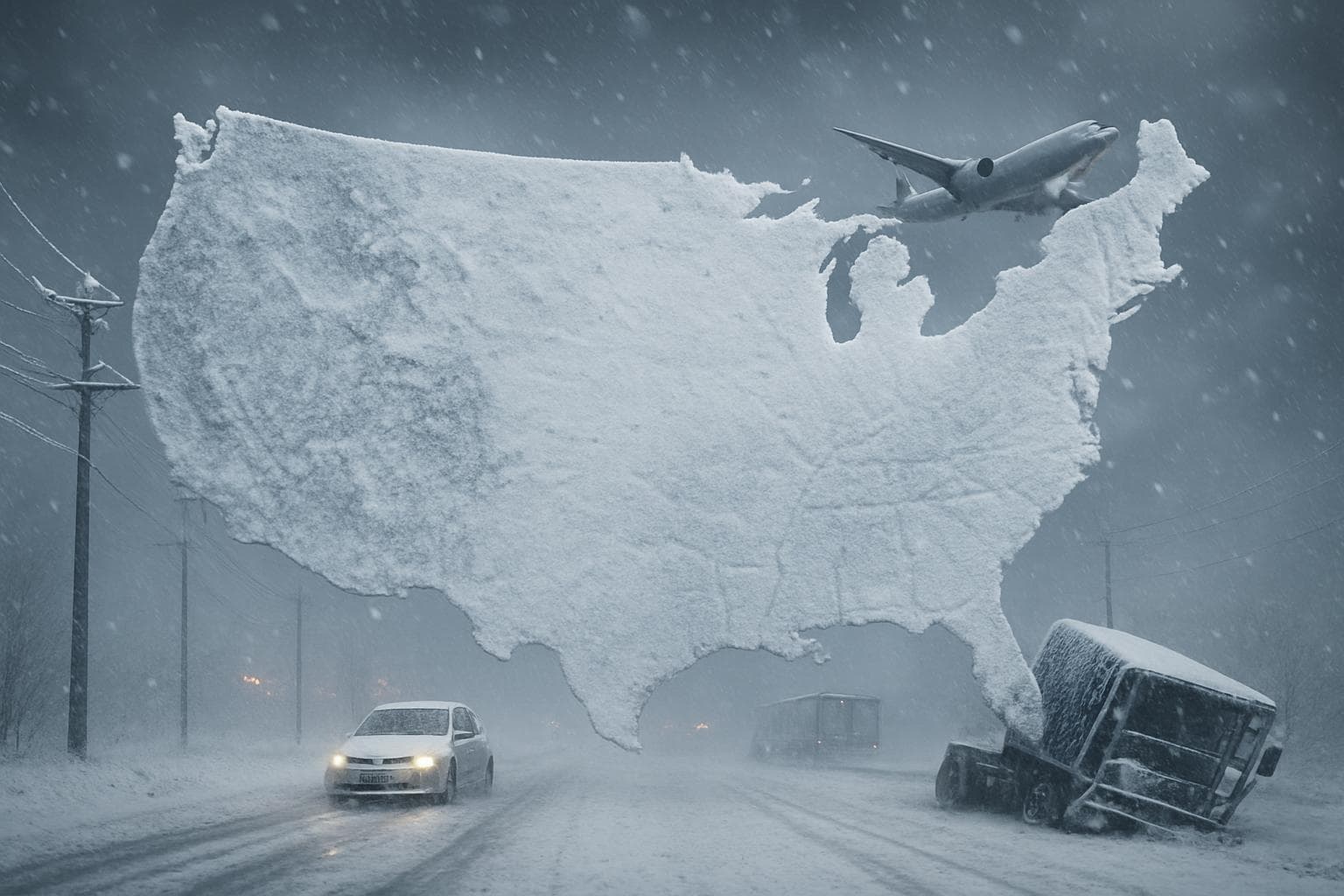 Snow-covered road with cars and power lines