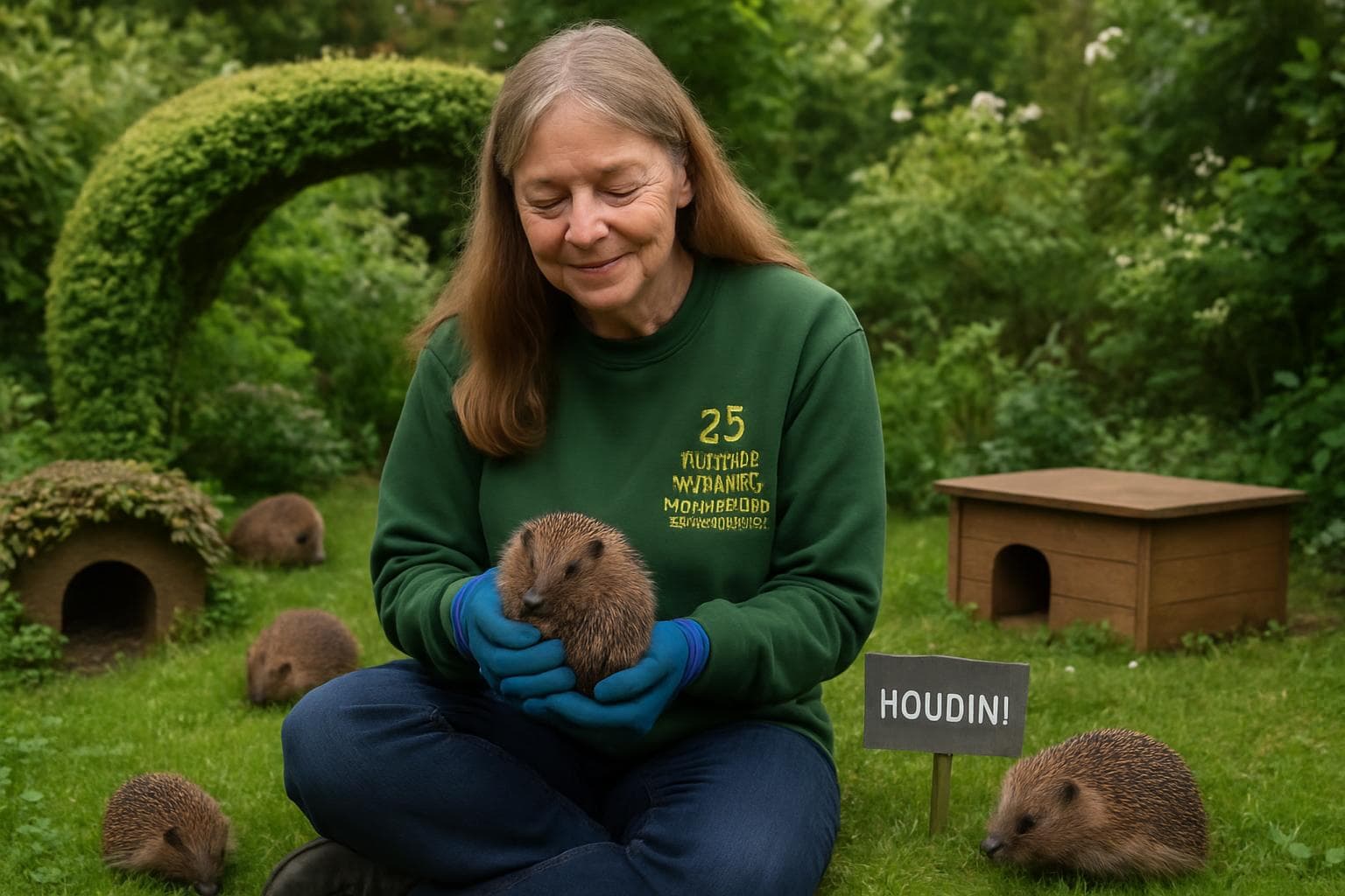Woman in garden with hedgehogs in Staffordshire