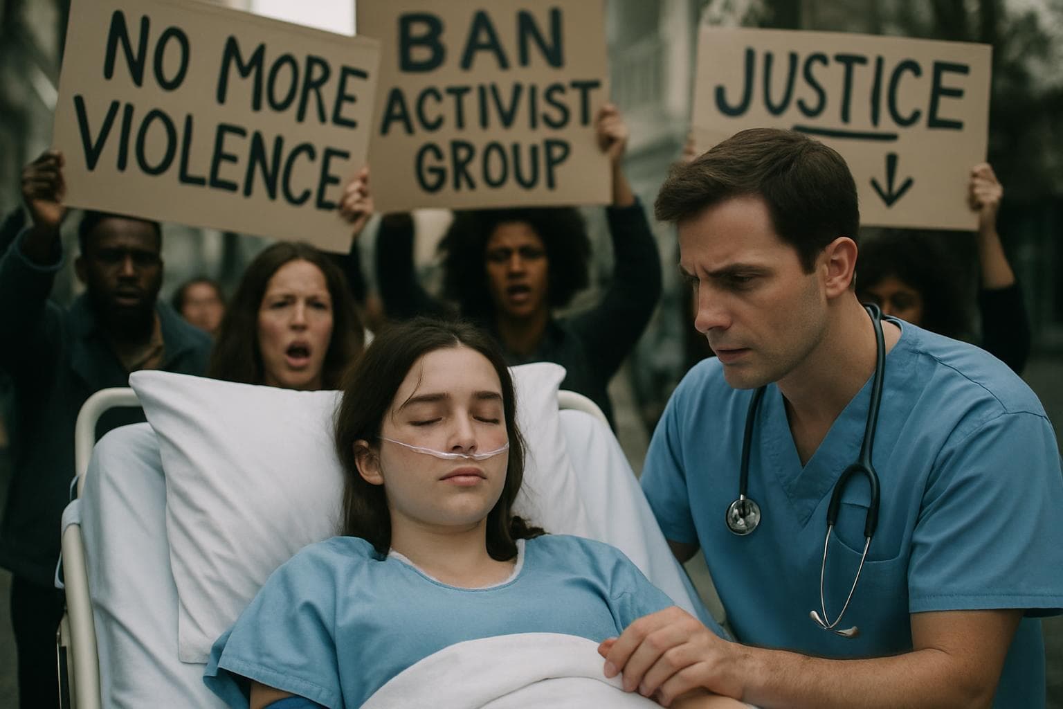 Woman on hospital bed with protestors in background