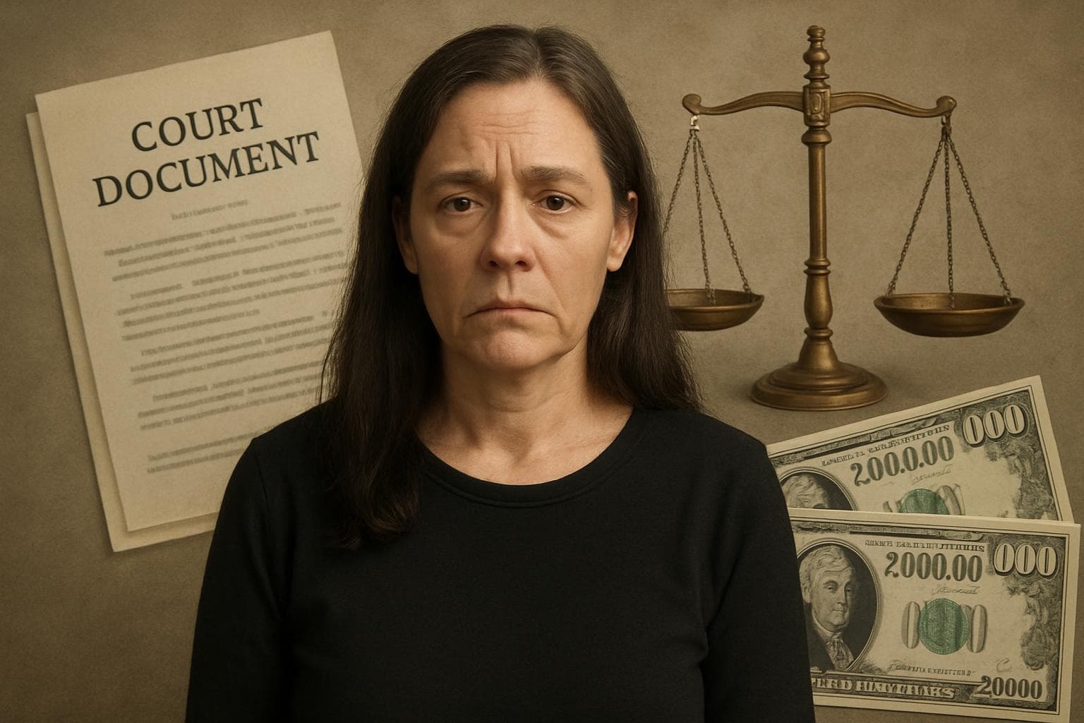 Woman with court documents and scales of justice