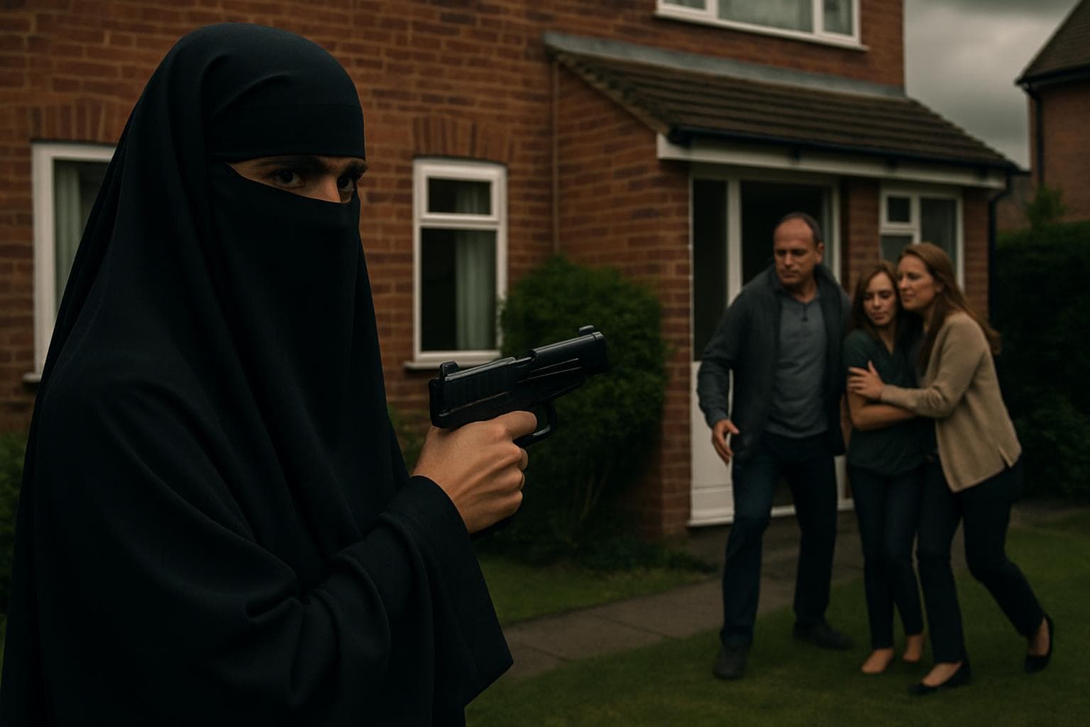 Woman in a niqab holding a handgun outside a UK home