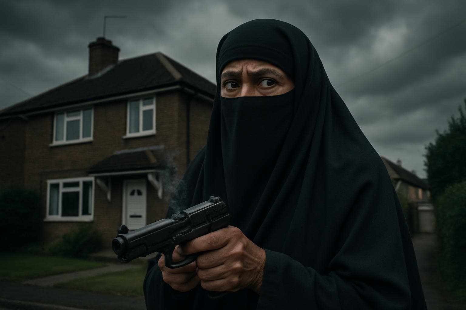 Middle-aged woman in a niqab with a malfunctioning gun outside a house
