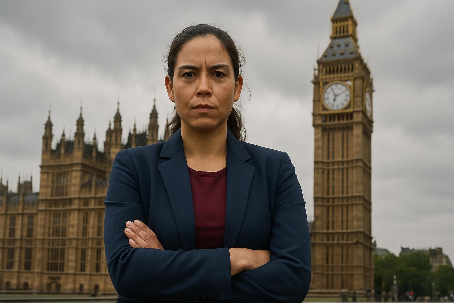 Determined woman standing in front of UK Parliament