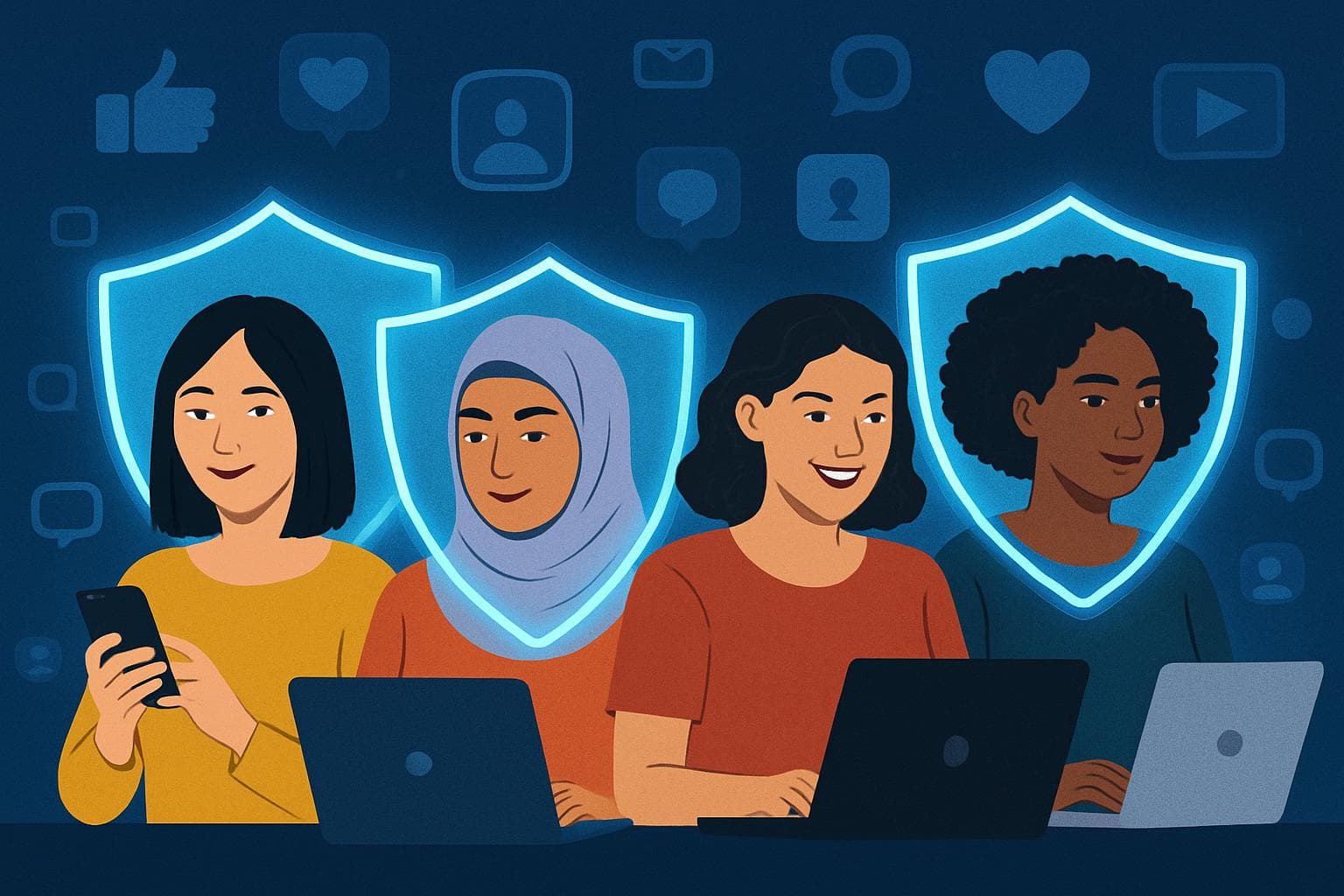 Diverse women using devices with digital safety barriers