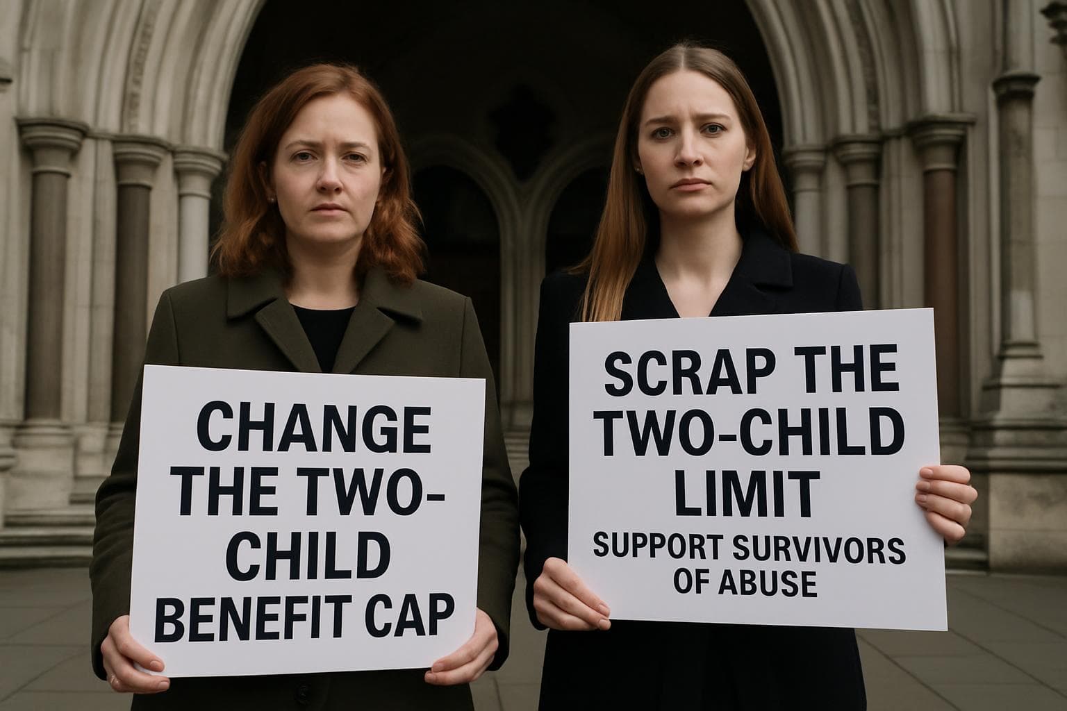 Two women holding signs outside a courthouse advocating change