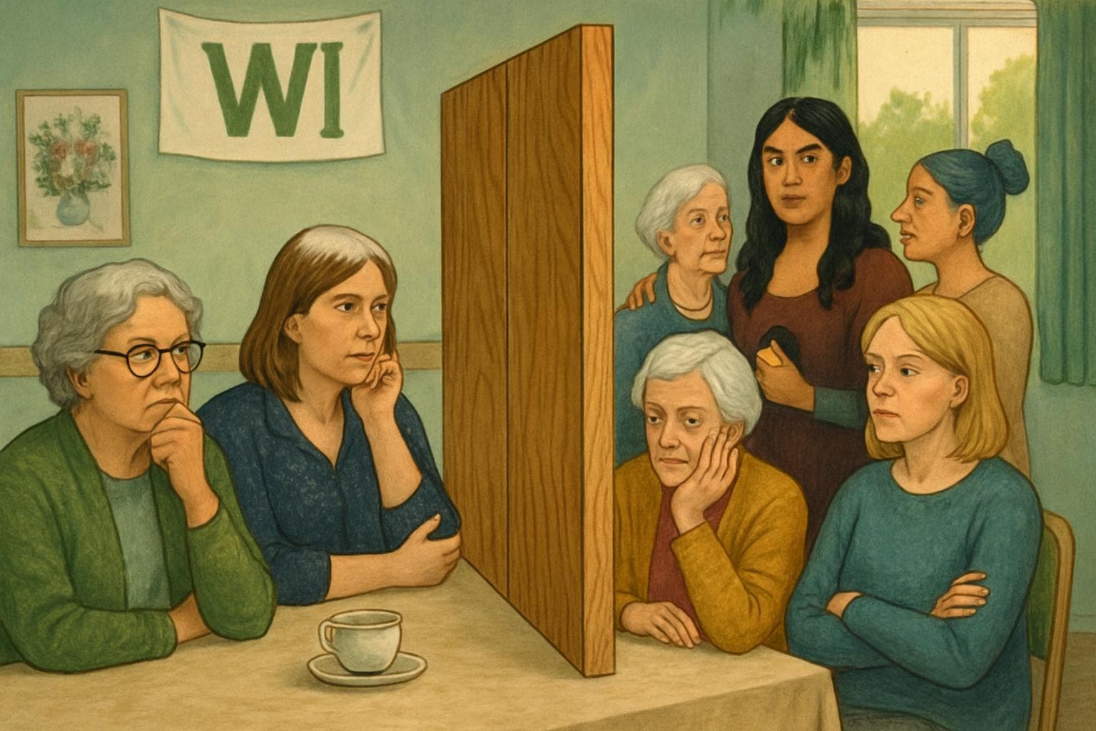 Women’s Institute meeting with a symbolic barrier and diverse members