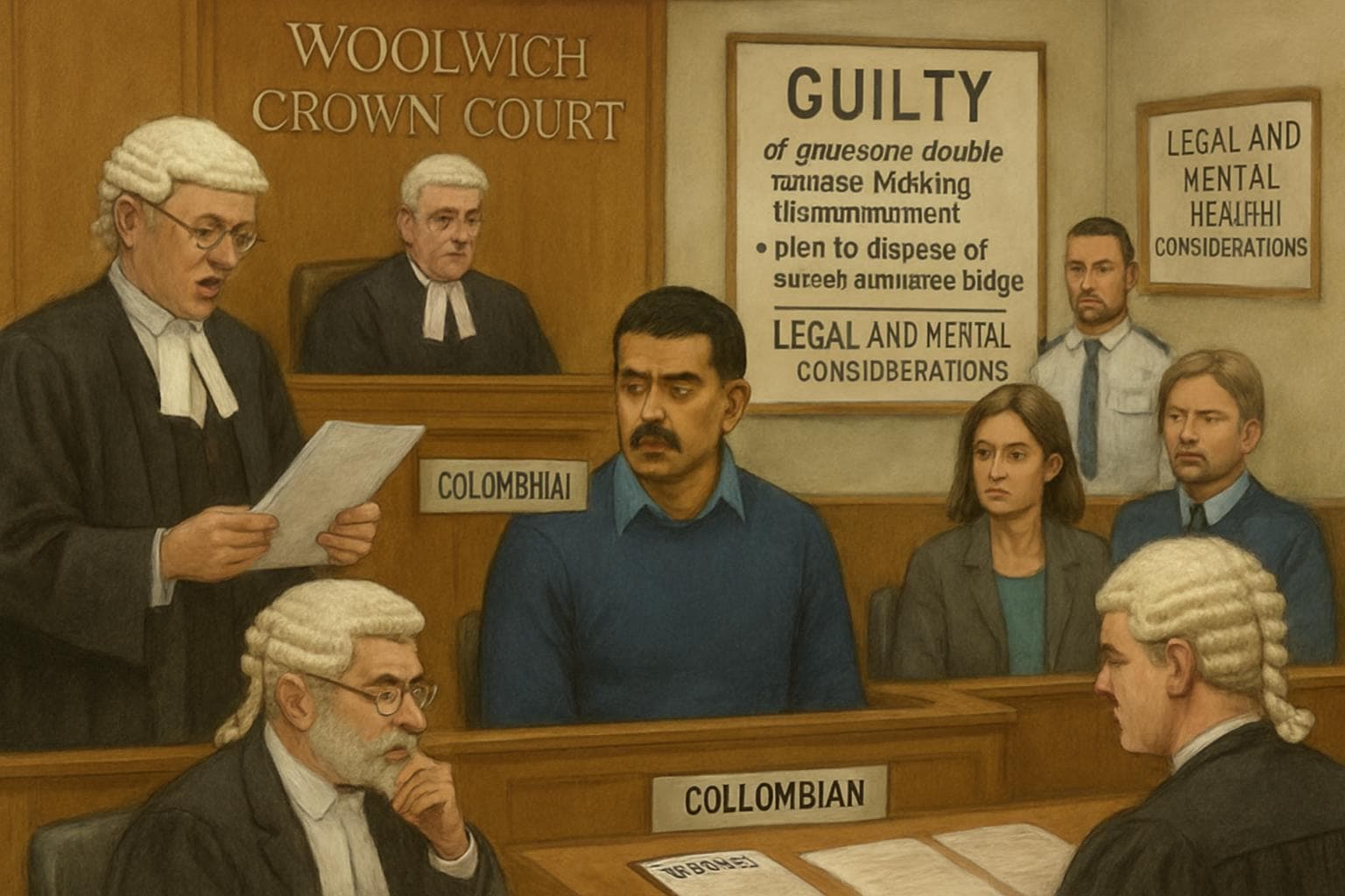 Courtroom scene at Woolwich Crown Court during murder trial