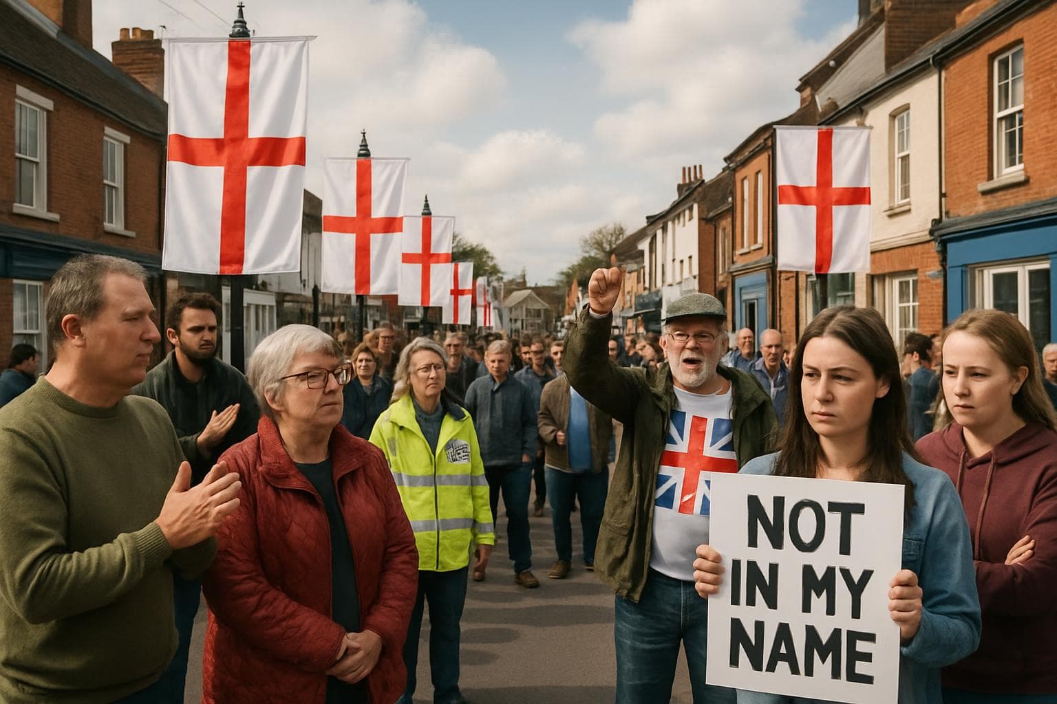 Worcestershire street with St Georges flags and people debating
